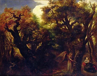 Metsäinen maisema Hagarin ja enkelin kanssa, n. 1645
