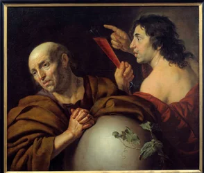 Herakleitos ja Demokriitti Kreikkalaiset filosofit Herakleitos Efesolainen (Herakleitos) (535-475 eKr.) ja Demokriitti (Demokritos) (460-370 eKr.). Jan van Bijlertin (1597-1671) maalaus 1600-luvun Utrechtissa. Keskusmuseo