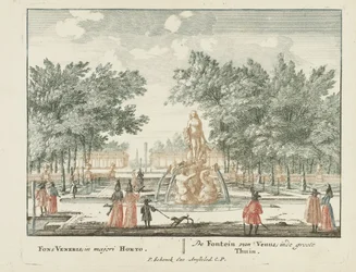 Venus-suihkulähde Het Loo Palacen suuressa puutarhassa Gesichte van het Famous Loo kuten muut kuninkaalliset talot (sarjan nimi) Admirandorum quadruplex spectaculum (sarjan nimi)