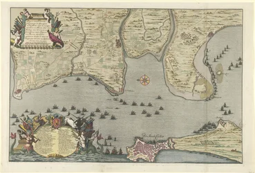 Kartta liittoutuneiden maihinnousu- ja tutkimusmatkasta Cadizissa, 1702 Ormontin herttuan ja kenraalimajurin sekä Baron de Spar Ceedertin 26. elokuuta tekemä suunnitelma Cadixin maihinnoususuunnitelmasta Campementsin ja Marsen kanssa.
