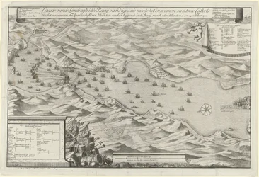 Lahden taistelu Vigossa ja Espanjan hopealaivaston valtaus, 1702 Caarte vande Landingh Vigosin lahdella osana kahden Casteelin vangitsemista ja Baayssa ankkuroidun Espanjan hopealaivaston vangitsemista Redondella denin puolesta