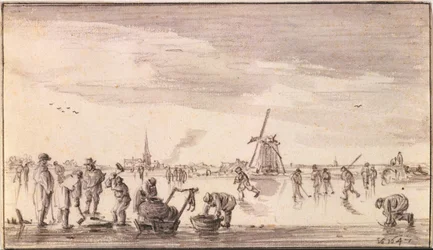 Talvimaisema luistelijoineen ja kalastajineen