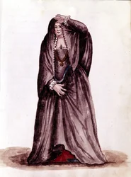 Venetsialainen kurtisaani 1700-luvulla. Akvarellipiirros ja muste Jan van Grevenbroeckin (tai Giovanni Grevembrochin (Grevenbroch) (1731-1807) käsikirjoituksesta "Venitsialaisten tulli")