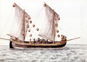 Venetsialainen trabakki lyhtyillä, matalissa vesissä, kuten Adrianmerellä, käytetty kalastusvene, akvarellipiirros ja mustetta Jan van Grevenbroeckin (tai Giovanni Grevembrochin (Grevenbroch) (1731-1807)) käsikirjoituksesta ""Venitsialaisten tulli""