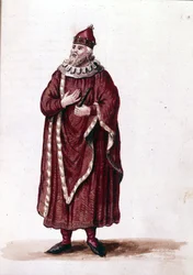 Doge 1000-luvulla. Akvarellipiirustus ja muste Jan van Grevenbroekin (tai Giovanni Grevenbroichin (Grevenbroich) (1731-1807) käsikirjoituksesta "Venitsialaisten tulli")