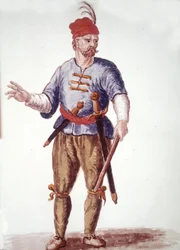 Galleria 1700-luvulla. Akvarellipiirros ja muste Jan van Grevenbroeckin (tai Giovanni Grevembrochin (Grevenbroch) (1731-1807) käsikirjoituksesta "Venitsialaisten tulli")
