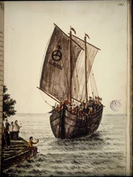 Pyhiinvaeltajien vene. Akvarellipiirros ja muste Jan van Grevenbroekin (tohtori Giovanni Grevenbroich (Grevenbroich) (1731-1807) käsikirjoituksesta "Venitsialaisten tulli")