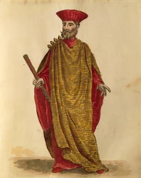 Capitano Generale Da Mar (laivaston kapteeni) Serenissiman tasavallasta Venetsiassa, kirjoittanut Jan van Grevenbroeck tai Giovanni Grevembroch (1731-1807), Gli Donne de Veneziani, kuvitetusta pukukirjasta, akvarelli