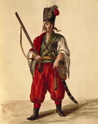 Karabiinipuku, Jan van Grevenbroeck tai Giovanni Grevembroch (1731-1807), Gli Donne de Veneziani, kuvitetusta pukukirjasta, akvarelli