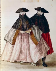 Karnevaalihahmot Venetsiassa, kuvitus Kuvitetusta venetsialaisten pukujen kirjasta, Jan Grevenbroeck (1731-1807), akvarelli, Italia