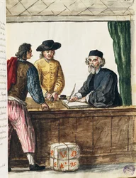 Arvostettu kauppias, kuvitus Kuvitetusta venetsialaisten pukujen kirjasta, Jan Grevenbroeck (1731-1807), akvarelli, Italia