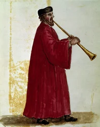 Huilusoittaja Akvarellipiirros ja muste Jan van Grevenbroekin (tai Giovanni Grevenbroichin (Grevenbroich) (1731-1807) käsikirjoituksesta "Venitiansen tavat")