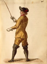 Herrasmies ratsastusasussa, Jan van Grevenbroeck tai Giovanni Grevembroch (1731-1807), Gli Donne de Veneziani, kuvitetusta pukukirjasta, akvarelli