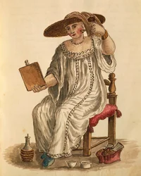 Nainen meikkaamassa, kirjoittanut Jan van Grevenbroeck tai Giovanni Grevembroch (1731-1807), Gli Abiti de Veneziani, kuvitetusta pukukirjasta, akvarelli