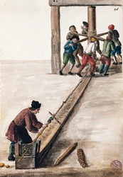 Käsittelysauvat minttukuvitukseen Kuvitetusta venetsialaisten pukujen kirjasta, Jan Grevenbroeck (1731-1807), akvarelli, Italia