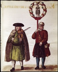 Uskonnollinen pyhimyksen kanonisoinnin juhla (uskonnollinen pyhimyksen kanonisoinnin juhla) Akvarellipiirros ja muste Jan van Grevenbroeckin (tai Giovanni Grevembrochin (Grevenbroch) (1731-180) käsikirjoituksesta "Venitiansen tulli")