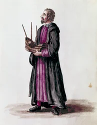 Laivaston arkkitehdin edustajana hän piti käsissään rakentamansa aluksen pienoismallia Detail. Akvarellipiirros ja muste Jan van Grevenbroeckin (tai Giovanni Grevembrochin (Grevenbroch) (1731-1807) käsikirjoituksesta "Venitsialaisten tulli"