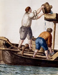 Kanavan vesien seulominen kadonneiden esineiden etsimisessä, kuvitus Kuvitetusta venetsialaisten pukukirjasta, Jan Grevenbroek (1731-1807), akvarelli, Italia