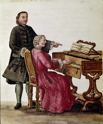 Laulaja (Oopperalaulaja soittaa pianoa) Akvarellipiirros ja muste on otettu Jan van Grevenbroekilta (tohtori Giovanni Grevenbroich (Grevenbroich) (1731-1807))