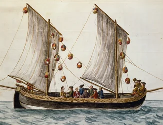 Venetsialainen vene, joka on koristeltu Lunastajan juhlaa varten, kirjoittanut Jan Grevenbroeck (1731-1807), akvarelli, Italia