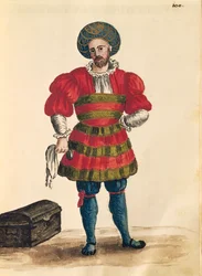 Venetsialaiset vaatteet: Venetsialainen matkailija, Jan van Grevenbroeck tai Giovanni Grevembroch (1731-1807), Gli Abiti de Veneziani, kuvitetusta pukukirjasta, akvarelli