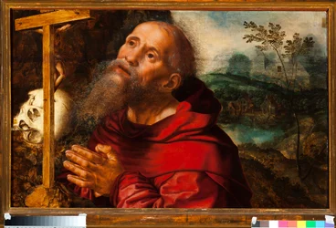 Pyhän Hieromuksen (St Jerome) esitys Jan Sanders Van Hemessenin maalauksesta (n. 1504-n. 1575)
