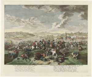 Ratsastustaistelu Pohjois-Italiassa, noin 1702-1703 Pugna Germanorum et Gallorum in Italia / Saksalaisten taistelu ranskalaisten kanssa Italiassa (otsikko esineessä)