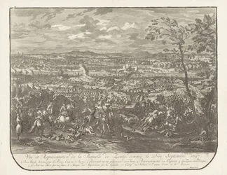 Kuona Sentassa, 1697 Näkymä ja esitys Zentan taistelusta, annettu 11. syyskuuta 1697 (otsikko esineessä)