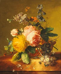 Ruusuja ja muita kukkia korissa marmorireunuksella, n. 1742