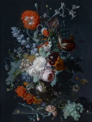 Kukkien ja hedelmien asetelma, n. 1715
