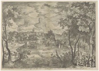 Landschap tapasi Christus die een demon uitdrijft bij een stomme man Hän karkottaa kurjan lordi Cacodaemonan, myytin pakkomielle, hän lausuu kaunopuheisia sanoja hengille, Kristus hallitsee stigialaisia ​​ja pakottaa heidät luopumaan istuimestaan Kuninkaal