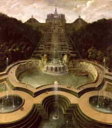 Näkymä Octagonista vesiputousten ja Neptunuksen altaiden yli, vuoden 1716 jälkeen