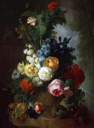 Ruusujen ja delfiinien asetelma. Jan van Osin (1744-1808) maalaus. Yksityiskokoelma.
