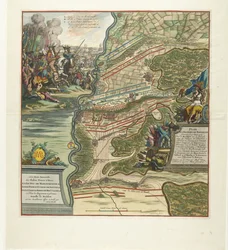 Kuona Höchstädtissä, 1704 Suunnitelma kunniakkaasta taistelusta annettiin 13. elokuuta Tonavan lähellä Hochstettiä (...) (otsikko esineessä)