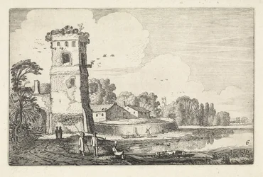 Pont lampaiden kanssa tornissa jokimaisemassa Maisemat (sarjan nimi) Amenissimae aliquot requculae (sarjan nimi)