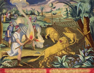 Roomalainen metsästys, luultavasti roomalaisessa Pohjois-Afrikassa, levy 10 julkaisusta "Venationes Ferarum, Avium, Piscium" (Metsästys: Wild Beasts, Birds, Fish), kaiverrettu Jan Collaert (1566-1628), julkaisija Phillipus Gallaeus Amsterdam (käsin) värill