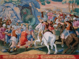 Egyptin käärmeen pyydystäminen verkosta, levy 45 julkaisusta "Venationes Ferarum, Avium, Piscium" (Metsästys: pedot, linnut, kalat), kaiverrettu Jan Collaert (1566-1628), julkaissut Phillipus Gallaeus Amsterdam (käsinvärinen kaiverrus) )