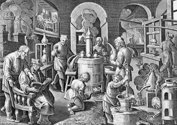 Tislaus.: Tulessa kaiken, taiteen, ruumiin ja veden mehu muuttuu eläväksi, kirkkaaksi ja voimakkaaksi. Jan van der Straetin 1500-luvun kaiverrus tislauksen eri vaiheista.