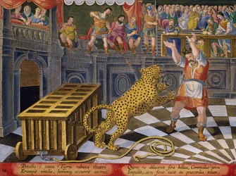 Rooman keisari Commodus ampuu nuolen alistaakseen häkistään areenalla paenneen leopardin, levy 14 julkaisusta "Venationes Ferarum, Avium, Piscium" (Metsästys: villieläimet, linnut, kalat) kaiverrettu Jan Collaert (1566-). 1628), julkaisija Phillipu