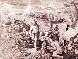 Oysterfishing. 17. vuosisata. Kaiverrus Giovanni Stradano (Jan Van Der Straet) (Johannes Stradanus) (1523-1605).
