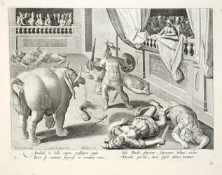 Hannibal panee kukistetut roomalaiset taistelemaan toisiaan vastaan, kuvitus teoksesta "Venationes, Ferarum, Avium, Piscium" (Metsästyksestä: villieläimet, linnut, kalat), kaiverrettu Jan Collaertin (1566-1628), julkaisija Phillipus.
