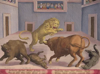 Aateliset katsovat luonnonvaraisten petojen taistelua sisäsirkuksessa, levy 12 julkaisusta "Venationes Ferarum, Avium, Piscium" (Metsästys: Wild Beasts, Birds, Fish), kaiverrettu Jan Collaert (1566-1628), julkaisija Ph.