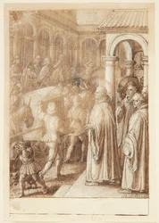 S. Giovanni Alberti Fiorentinon historia. Aukiolla pyhimys syyttää Firenzen piispoja simoniasta(?)