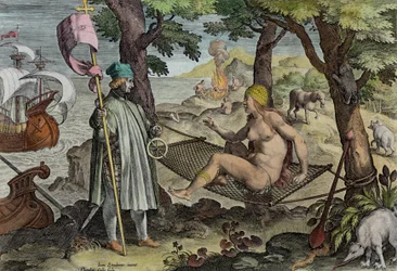 Vespucci löytää Amerikan, taulu 2 teoksesta "Nova Reperta" (Uusia löytöjä), kaivertanut Theodor Galle (1571-1633), n. 1600 (myöhempi väritys)