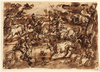 Recto: Häränmetsästys Lassojen kanssa; Verso, yllä: Karhunmetsästys, Men in Armour; Verso, alla: Hunting Monkeys by Deception; kaikki alustavat mallit Venationes-sarjaan