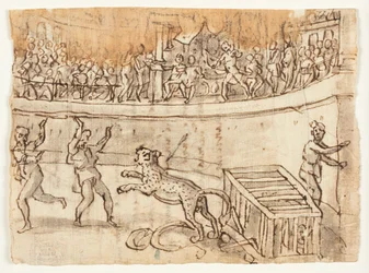 Oikealla: Keisari Commodus tappaa leopardin; Verso: Luigi Alamannin luonnos ja hänen kädessään kirjoitus Herodianuksen Historiaesta, I, 15, 6-7