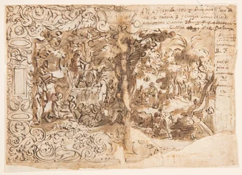 Recto: Kuvakudossuunnittelu, jossa Johannes Kastaja saarnaa (tai Kristus sivullisten joukossa); Verso: kirjoitus