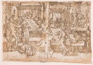 Recto, oikealla: Pyhän Johannes Kastajan pään mestaus, Recto, vasen: Salomelle teloittaja antoi Pyhän Johannes Kastajan pään, suunnittelu s:lle 10 Pyhän Johannes Kastajan elämästä Verso: Alfonson ruumis Piccolomini (1551 - 1591), sienalainen lainsuojaton H