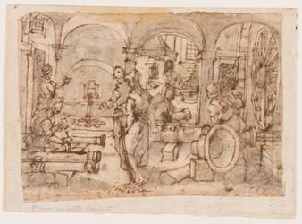 Invention of Gunpowder, suunnittelu "Pulvis Pyriukselle", pl. 3 Nova Reperta (New Inventions of Modern Times) -tulostussarjassa