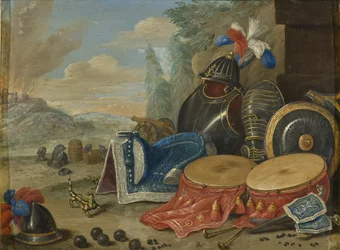 Emblemes de guerre - Sodan tunnukset, Kessel, Jan van, vanhempi (1626-1679). Öljyä kuparille. Mitat: 19 x 25 cm. Tukholman kansallismuseo